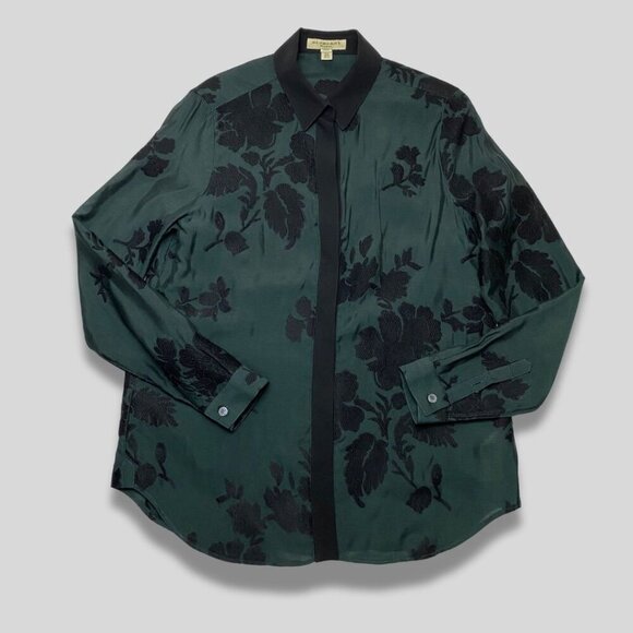 BURBERRY London Button Up Floral Embroidered Green Floral Print Blouse Size 10 - Picture 1 of 10